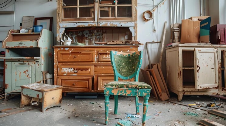 an old green chair sits in front of an old dresser as symbol of legacy systems