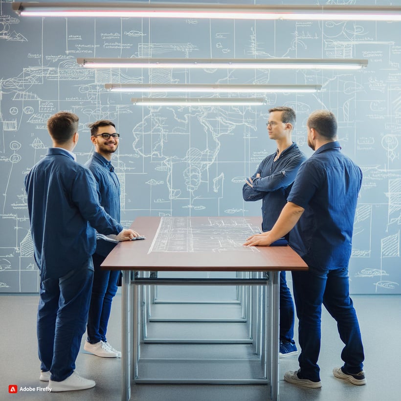 three people standing around a table in front of a whiteboard and creating custom pattern recognition engine