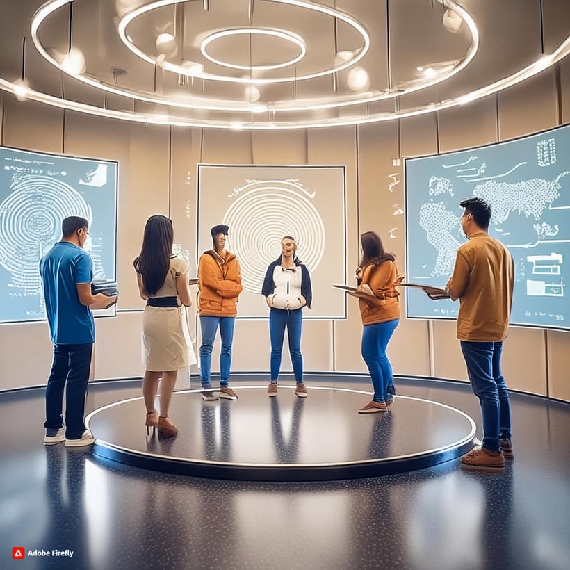 a group of people standing in front of an interactive display and discuss about cognitive enhancement 