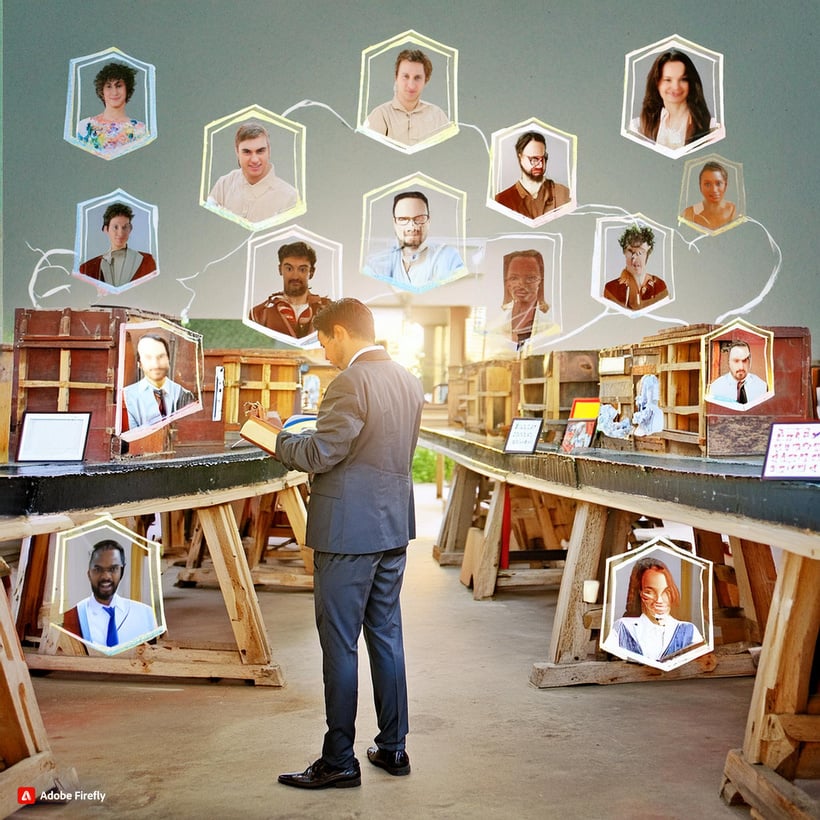 a person in a suit standing in front of a group of people and market simulating service or product